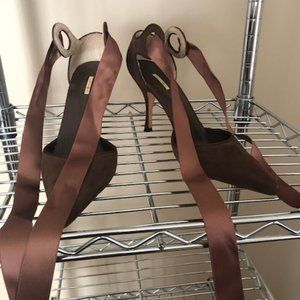 Max Studio Brown Suede Heels with Satin Ankle Ties, Size 9